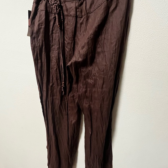 NEW. Reba Size 8 Brown Crinkle Look Ramie Loose Fit Pants With Macrame Belt - Picture 6 of 16